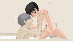  ... 1boy 1girl anan_shokudow arm_support bathroom bathtub black_hair blue_eyes blush boku_no_aisuru_inaka_no_shoujo cleft_of_venus closed_mouth completely_nude dot_nose flat_chest grey_hair hair_behind_ear hair_over_eyes imminent_hug loli nude old old_man older_man_and_younger_girl open_mouth original partially_submerged ponytail profile pussy sweat water wavy_mouth 