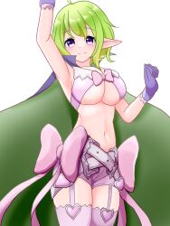  1girl absurdres ahoge arm_up armpits artist_name belt blush bow bra breasts cape dated female_focus fire_emblem fire_emblem_awakening garter_straps gloves green_cape green_hair heart highres large_breasts looking_at_viewer midriff morgan_(female)_(fire_emblem) morgan_(fire_emblem) multiple_belts navel neruth nintendo pink_belt pink_bow pink_bra pink_shorts pink_stockings pointy_ears purple_cape purple_eyes purple_gloves scale_print short_hair shorts smile solo thighhighs two-tone_cape underboob underwear waist_bow white_background 
