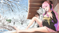  1girl barefoot blush breasts cleavage feet highres long_hair one_eye_closed open_mouth pink_hair red_eyes snow soles tiger toes twin_(tt_lsh) white_tiger  rating:Sensitive score:7 user:ssfl