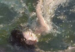  1girl blurry faux_traditional_media felurya highres impressionism original painterly solo submerged swimming 