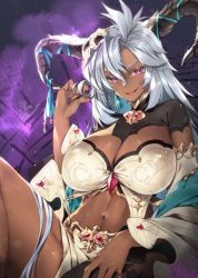  1girl 218 asymmetrical_legwear black_nails breasts cleavage cleavage_cutout clothing_cutout commentary_request dark-skinned_female dark_skin dated detached_sleeves fediel_(granblue_fantasy) granblue_fantasy grey_hair hair_between_eyes hair_ornament hand_in_own_hair horns huge_breasts looking_at_viewer midriff nail_polish navel open_mouth purple_eyes single_thighhigh skull_hair_ornament solo stomach thighhighs wide_sleeves  rating:Sensitive score:27 user:danbooru