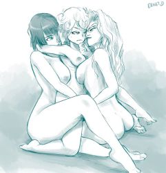  3girls ass barefoot breasts curly_hair ernst_d feet female_focus fff_threesome fubuki_(one-punch_man) glasses greyscale group_sex incest large_breasts long_hair monochrome multiple_girls nipples nude one-punch_man psychos_(one-punch_man) psykos siblings sisters small_breasts tatsumaki threesome toes yuri  rating:Explicit score:102 user:KoonZ