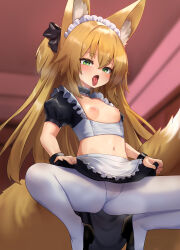  1girl absurdres alternate_costume animal_ear_fluff animal_ears apron black_dress black_footwear blonde_hair blush breasts choker commentary_request dress enmaided fox_ears fox_girl fox_tail frilled_apron frills green_eyes hair_between_eyes high_heels highres indoors kokonoe_tsubaki large_tail loli long_hair maid maid_apron maid_headdress multiple_tails navel nipples open_mouth original pantyhose puffy_short_sleeves puffy_sleeves shoes short_sleeves skirt small_breasts solo spread_legs squatting tail tiptoes tongue tongue_out two_tails unconventional_maid waist_apron white_pantyhose yoshizawa_tsubaki 