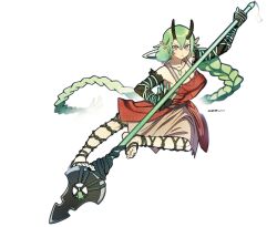  1girl 7bun_junbun absurdres bandaged_foot bandaged_leg bandages bare_legs bare_shoulders barefoot bell blurry blurry_background braid breasts collarbone commentary commission demon_girl demon_horns detached_sleeves dress elbow_gloves english_commentary feet fighting_stance gem glaring gloves green_gemstone green_hair highres holding holding_polearm holding_weapon holding_with_feet horns jade_(boltclash) light_frown looking_at_viewer medium_breasts original pale_skin pointy_ears polearm red_eyes soles solo suspenders toe_scrunch toes weapon white_background 