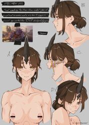 1girl absurdres alien arthropod_girl artist_name bar_censor bifurcated_jaw breasts brown_hair bug censored charger_(helldivers) commentary creature_and_personification english_commentary fangs from_side hair_bun helldivers_(series) highres horns medium_breasts pace_argonaut_(artist)