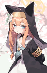  1girl absurdres animal_ear_headwear aqua_neckerchief armlet arms_behind_back beudelb black_coat blue_archive blue_eyes blush braid closed_mouth coat commentary commission dress fake_animal_ears falling_petals floral_background hair_ornament halo highres long_hair looking_at_viewer mari_(blue_archive) neckerchief nun orange_hair petals pink_petals pixiv_commission sailor_collar single_braid single_hair_tube smile solo upper_body veil white_dress white_sailor_collar yellow_halo 