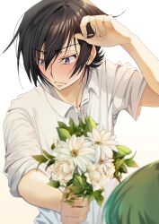  &gt;:( 1boy 1girl absurdres arm_up black_hair blurry blush bouquet budgiepon c.c. closed_mouth code_geass collared_shirt commentary depth_of_field dress_shirt embarrassed fingernails flower frown hair_between_eyes hand_up hetero highres holding holding_bouquet leaf lelouch_vi_britannia looking_to_the_side male_focus nose nose_blush purple_eyes shirt short_hair signature simple_background sleeves_rolled_up solo_focus v-shaped_eyebrows white_background white_day white_flower white_shirt 