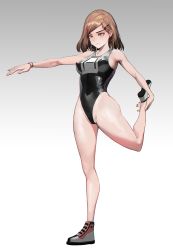1girl bad_id bad_pixiv_id bare_shoulders black_one-piece_swimsuit blush breasts brown_eyes brown_hair covered_erect_nipples covered_navel earrings female_focus finger_gun fingernails groin hair_ornament hairclip high_tops highleg highleg_swimsuit highres ihobus jewelry large_breasts name_tag one-piece_swimsuit original school_swimsuit shoes short_hair sketching skindentation sneakers solo standing standing_on_one_leg swept_bangs swimsuit undersized_clothes wristband yellow_eyes rating:Sensitive score:40 user:danbooru