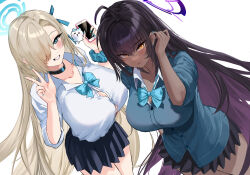  2girls absurdres asuna_(blue_archive) black_hair black_skirt blue_archive blue_cardigan blue_eyes blue_halo blue_ribbon blush breasts buttons cardigan cleavage closed_mouth collared_shirt dark-skinned_female dark_skin delfin59 grin hair_ribbon halo highres karin_(blue_archive) large_breasts light_brown_hair long_hair long_sleeves multiple_girls pleated_skirt purple_halo ribbon shirt simple_background skirt smile white_background white_shirt yellow_eyes 