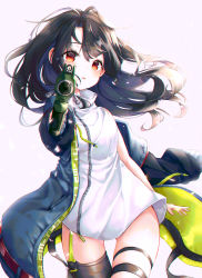  1girl absurdres aiming aiming_at_viewer bare_arms bare_shoulders bbeedol black_hair black_thighhighs blue_jacket c-ms_(girls&#039;_frontline) cbj-ms commentary drawstring dress floating_hair girls&#039;_frontline gun hair_between_eyes handgun highres holding holding_gun holding_weapon huge_filesize jacket long_hair long_sleeves looking_at_viewer machine_pistol open_clothes open_jacket parted_lips personal_defense_weapon pink_background pistol puffy_long_sleeves puffy_sleeves red_eyes single_thighhigh sleeveless sleeveless_dress solo submachine_gun thighhighs weapon white_dress  rating:Sensitive score:11 user:danbooru