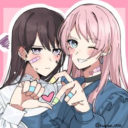  2girls bandaid bandaid_on_face bandaid_on_hand bandaid_on_neck bang_dream! bang_dream!_it&#039;s_mygo!!!!! black_choker black_hair blue_jacket blush chihaya_anon choker clenched_teeth closed_mouth commentary earclip earrings fang grey_eyes heart_hands_failure highres jacket jewelry long_hair long_sleeves looking_at_viewer mole mole_under_eye multiple_girls nanami_(nunnun_0410) one_eye_closed outline pink_background pink_hair purple_eyes shiina_taki shirt smile squiggle teeth twitter_username white_outline white_shirt 