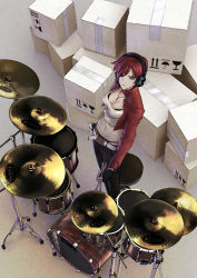  1girl bad_id bad_pixiv_id belt box cardboard_box casual chevasis drum drumsticks fingerless_gloves from_above gloves headphones highres instrument jewelry meiko_(vocaloid) midriff navel necklace red_eyes red_hair short_hair thong vocaloid whale_tail_(clothing)  rating:Sensitive score:18 user:danbooru