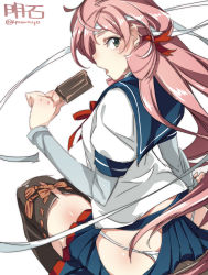  10s 1girl akashi_(kancolle) bandana butt_crack character_name food from_behind green_eyes highres hip_vent kantai_collection long_hair looking_at_viewer looking_back panties pantyshot personification pink_hair popsicle school_uniform serafuku side_slit simple_background skirt solo super_zombie thighhighs twitter_username underwear upskirt white_background white_panties  rating:Sensitive score:11 user:danbooru