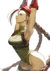  1girl antenna_hair arched_back arms_up beret bracer braided_twintails breasts brown_hair cammy_white chest_harness closed_eyes closed_mouth cowboy_shot fagi_(kakikaki) green_leotard hand_out_of_frame harness hat highleg highleg_leotard leotard long_hair medium_breasts outstretched_arms pink_lips red_beret red_hat scar scar_on_face simple_background solo street_fighter stretching thigh_strap very_long_hair white_background 