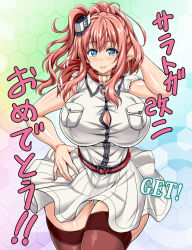  10s 1girl asakura_yuu_(-unlimited) ascot blue_eyes breast_pocket breasts brown_hair dress hair_between_eyes huge_breasts impossible_clothes kantai_collection ken_(insert) large_breasts long_hair looking_at_viewer open_clothes open_dress pocket ponytail red_acot red_ascot red_thighhighs saratoga_(kancolle) side_ponytail sidelocks smile solo thighhighs white_dress 