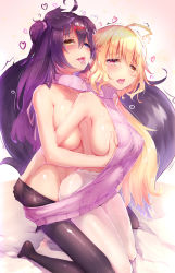  2girls absurdres ahegao ahoge animal_ears ass_grab backless_dress backless_outfit bed_sheet black_legwear blonde_hair blue_eyes blush grabbing_another&#039;s_breast breast_press breasts crying crying_with_eyes_open dk.senie dog_ears dress drooling futa_with_female futanari grabbing grabbing_from_behind hair_ornament hand_in_pantyhose heart heterochromia highres implied_futanari kneeling large_breasts long_hair meme_attire multiple_girls open_mouth original pantyhose pink_eyes red_eyes saliva shared_clothes shared_sweater sideboob smile sweater sweater_dress tail tears tongue tongue_out turtleneck turtleneck_sweater virgin_killer_sweater white_legwear yellow_eyes  rating:Questionable score:178 user:danbooru