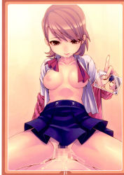 1girl atlus blackmail breasts brown_eyes brown_hair cardigan censored clothed_sex cowgirl_position cum cum_in_pussy girl_on_top grabbing_another&#039;s_chin hand_on_another&#039;s_chin highres licking licking_lips miniskirt nipples penis persona persona_3 pornography ribbon sanada_akihiko scan sex skirt solo_focus straddling takeba_yukari tasaka_shinnosuke tongue tongue_out yaoi_(object) yuuki_makoto_(persona_3) rating:Explicit score:66 user:danbooru