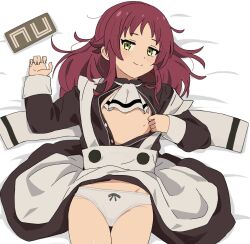  1girl aisha_greyrat apron apron_lift bed black_dress breasts clothes_lift dress dress_lift flat_chest green_eyes highres kosuda loli long_hair long_sleeves looking_at_viewer lying mushoku_tensei on_back on_bed panties red_hair sidelocks smile thighs unbuttoned unbuttoned_dress underwear white_apron white_panties 
