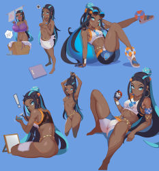  ! 2girls applying_makeup arm_support armpits arms_up ass bare_legs barefoot basket bike_shorts blue_background blue_eyes blue_hair bottomless bra breast_envy breasts cameltoe closed_mouth covering_breasts covering_privates creatures_(company) dark-skinned_female dark_skin earrings feet game_freak gym_leader hair_bun headgear holding holding_poke_ball hoop_earrings jewelry knees_up leg_up looking_at_viewer looking_back lying melony_(pokemon) mirror motion_lines multiple_girls multiple_views nail_polish navel necktie nessa_(pokemon) nintendo nude on_back parted_lips poke_ball poke_ball_(basic) pokemon pokemon_swsh purple_bra saber_01 sandals shaving shaving_crotch simple_background single_hair_bun small_breasts speech_bubble spoken_character spoken_squiggle sports_bra spread_legs squiggle stomach sweat towel towel_around_waist trembling tying_hair underwear weighing_scale weight_conscious 