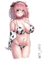  1girl alternate_costume animal_collar animal_ears animal_print atlanta_(kancolle) bikini blush breasts brown_hair cleavage collar cow_ears cow_horns cow_print cow_print_bikini cow_print_gloves earrings elbow_gloves fake_animal_ears fake_horns front-tie_bikini_top front-tie_top gloves grey_eyes halterneck hand_on_own_chest hashtag-only_commentary highres horns jewelry kantai_collection large_breasts long_hair looking_at_viewer navel one-hour_drawing_challenge print_bikini print_gloves single_earring solo star_(symbol) star_earrings swimsuit tf_cafe twitter_username two_side_up  rating:Sensitive score:11 user:danbooru