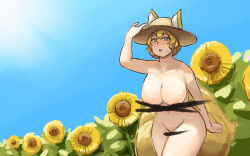1girl alternate_headwear animal_ears bar_censor breasts censored censored_nipples chanta_(ayatakaoisii) clear_sky cleavage curvy day female_focus field flower flower_field fox_ears fox_tail hand_on_headwear hat highres hip_focus huge_breasts large_breasts leaning_forward multiple_tails navel nude open_mouth outdoors plump public_indecency public_nudity short_hair sky solo standing stomach sunflower sunflower_field sweatdrop tail thick_thighs thighs touhou wide_hips yakumo_ran yellow_eyes rating:Explicit score:16 user:danbooru