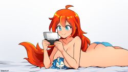 1girl absurdres artist_name ass bloom_(winx_club) breasts butt_crack handheld_game_console highres jarckius large_breasts nintendo_ds nipples nude orange_hair rabbit smile winx_club  rating:Explicit score:18 user:liOne_