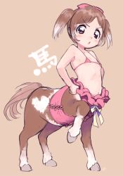  &gt;:o 1girl :o amezawa_koma bikini bikini_top_only bow brown_background brown_eyes brown_hair centaur flat_chest hair_bow hooves leg_up loli micro_bikini micro_bikini_top monster_girl navel original pink_bow ribbon short_hair signature solo swimsuit tail taur twintails v-shaped_eyebrows  rating:Questionable score:132 user:danbooru
