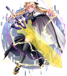  1girl bardiche_(nanoha) bardiche_(riot_blade_ii) belt black_bow black_thighhighs blonde_hair bow cape city cityscape dress energy_sword fate_testarossa gold_trim hair_bow highres holding holding_sword holding_weapon lightning long_skirt long_sleeves looking_at_viewer lyrical_nanoha mahou_senki_lyrical_nanoha_force multiple_hair_bows purple_lightning red_eyes side_slit skirt smile solo sougetsu_izuki sword thighhighs twintails weapon white_cape 