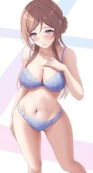  1girl absurdres bare_legs barefoot blue_bra blue_panties blush bra breasts brown_hair cleavage collarbone embroidered_bra embroidered_panties feet_out_of_frame gakuen_idolmaster groin hand_on_own_chest highres himesaki_rinami idolmaster large_breasts light_smile lingerie looking_at_viewer momi_yuro navel panties solo standing stomach underwear underwear_only  rating:Sensitive score:15 user:danbooru