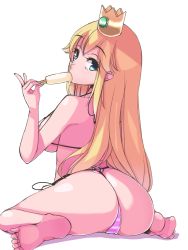 1girl ass barefoot bikini bitch_hime blonde_hair blue_eyes crown feet female_focus food from_behind highres huge_ass kneeling legs long_hair looking_at_viewer looking_back mario_(series) mikaponcho nintendo popsicle princess_peach side-tie_bikini_bottom sitting soles solo striped super_mario_bros._1 swimsuit thong thong_bikini very_long_hair wariza rating:Questionable score:194 user:chucky69