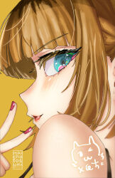 1girl :3 absurdres bare_shoulders blonde_hair blue_eyes blunt_bangs blush character_signature close-up commentary highres lips looking_at_viewer looking_back mem-cho mikicho multicolored_hair nail_polish open_mouth oshi_no_ko pink_nails portrait roots_(hair) screentones short_hair sidelocks simple_background solo spaghetti_strap watermark yellow_background rating:General score:6 user:danbooru