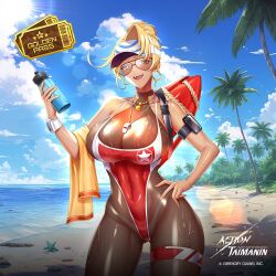  1girl action_taimanin alternate_costume beach blonde_hair breasts censored curvy day emily_simmons highleg highleg_swimsuit huge_breasts large_breasts lifeguard lilith-soft ocean official_alternate_costume official_art one-piece_swimsuit red_one-piece_swimsuit solo swimsuit taimanin_(series) wide_hips  rating:Sensitive score:40 user:jojosstand