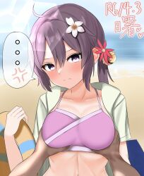  1boy 1girl akebono_(kancolle) akebono_kai_ni_(kancolle) alternate_breast_size anger_vein beach bell bikini breasts character_name commentary_request dated flower hair_bell hair_flower hair_ornament highres hood hooded_jacket horizon jacket jingle_bell kantai_collection large_breasts long_hair ocean out-of-frame_censoring pink_bikini pov purple_eyes purple_hair shirt side_ponytail solo swimsuit thought_bubble tomooooori white_shirt 