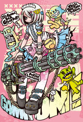  1girl bracelet broken chain commentary creature decora dress english_commentary english_text frilled_dress frills gatling_gun gun hair_ornament hair_over_one_eye highres holding holding_gun holding_weapon jewelry looking_at_viewer maid_headdress medium_hair minigun original pink_background project.c.k. revision shoes smile solo speech_bubble tongue tongue_out weapon 