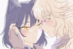  2girls animal_ears black_hair blake_belladonna blonde_hair blush cat_ears closed_mouth commentary eye_contact fingerless_gloves gloves hand_on_another&#039;s_face highres kyrus_hiki looking_at_another multiple_girls parted_lips portrait purple_eyes rwby short_hair smile yang_xiao_long yellow_eyes yuri 