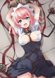  1girl bdsm blood blue_eyes bondage borrowed_character bound bound_wrists breasts collar crotch_rope cuffs drooling looking_at_viewer lying maid maid_headdress name_tag on_back open_clothes open_mouth open_shirt original saliva shibari shibari_over_clothes shirt solo sora-bozu takagi_(tansuke) tears  rating:Questionable score:46 user:danbooru