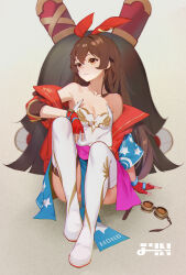  1girl alternate_costume amber_(genshin_impact) arm_on_knee arm_support artist_logo bare_shoulders baron_bunny_(genshin_impact) boots breasts brown_eyes brown_hair cleavage collarbone fingerless_gloves full_body genshin_impact gloves goggles hair_ribbon highres jacket jingtailan light_brown_background long_hair looking_to_the_side mascot medium_breasts off_shoulder open_clothes open_jacket red_gloves red_jacket red_ribbon ribbon shirt sitting solo strapless strapless_shirt thigh_boots two-tone_gloves white_footwear white_shirt 