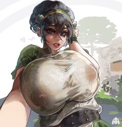  1girl absurdres aged_up alamander avatar:_the_last_airbender avatar_legends black_hair breasts highres huge_breasts nipples red_lips see-through see-through_shirt selfie tagme toph_bei_fong 