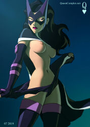  1girl 2019 absurdres artist_logo artist_name birds_of_prey black_hair bodysuit breasts cape dated dc_comics domino_mask fingerless_gloves gloves helena_bertinelli highres huntress_(dc) justice_league large_breasts lipstick looking_to_the_side makeup mask medium_hair multicolored_bodysuit multicolored_clothes navel nipples partially_undressed purple_lips queen_complex simple_background skinny solo stomach superhero_costume thick_thighs thighs undressing watermark web_address wide_hips 