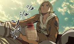  1girl absurdres annie_leonhart bar_censor black_eyes blonde_hair censored closed_mouth cloud day femdom folded_ponytail from_below handjob highres jacket legs_up looking_at_another lying military_uniform motion_blur nier_(artist) outdoors penis serious shingeki_no_kyojin sky sound_effects squatting uniform 