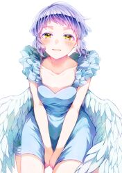  1girl angel_wings between_legs blue_dress blush breasts collarbone commentary commentary_request dress frilled_dress frills half-closed_eyes hand_between_legs highres idolmaster idolmaster_million_live! looking_at_viewer makabe_mizuki parted_lips purple_hair short_hair sidelocks sitting small_breasts smile solo thighs tnsk_st00 wariza wavy_hair white_background wings yellow_eyes 