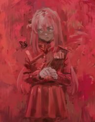  1girl bocchi_the_rock! bug butterfly dana_(ocana_dana) fine_art_parody gotoh_hitori grey_eyes insect jacket military_jacket own_hands_together parody pink_hair portrait_of_king_charles_iii_(jonathan_yeo) red_background red_jacket red_skirt red_theme skirt solo 