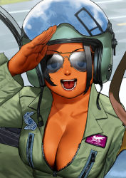  1girl aircraft airplane arung_samudra_(cessa) aviator_sunglasses bodysuit breasts canopy cessa cleavage cockpit commentary dark_skin dark-skinned_female english_commentary fighter_jet jet large_breasts looking_at_viewer military military_base military_vehicle name_tag open_mouth original outdoors pilot pilot_helmet pilot_suit runway salute sidelocks smile solo sunglasses tan tinted_eyewear unzipped visor zipper zipper_pull_tab  rating:Sensitive score:52 user:danbooru