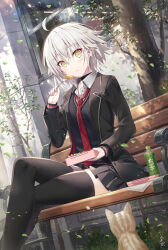  1girl ahoge blush breasts fate/grand_order fate_(series) gabiran grey_hair hand_on_own_hip highres jeanne_d&#039;arc_alter_(avenger)_(fate) jeanne_d&#039;arc_alter_(fate) large_breasts long_sleeves looking_at_viewer school_uniform short_hair skirt solo thighhighs yellow_eyes 
