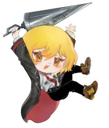  1girl absurdres arms_up black_coat black_pants blonde_hair boots brown_footwear chibi coat collared_shirt don_quixote_(project_moon) full_body highres holding holding_polearm holding_weapon lance limbus_company long_sleeves looking_at_viewer mesoold necktie pants polearm project_moon red_necktie shirt short_hair simple_background solo weapon white_background white_shirt yellow_eyes 
