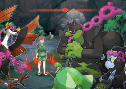 1other 2girls 3boys absurdres alpha_pokemon angry animal_focus aura bird bird_tail black_fur breasts bright_pupils brown_hair bullying bush closed_mouth creatures_(company) expressionless fezandipiti forest game_freak gameplay_mechanics gen_9_pokemon glassy0302 glowing glowing_eyes grass green_fur grin highres imminent_death injury japanese_clothes kimono kuraishi_rinngo large_breasts legendary_pokemon looking_at_another multiple_boys multiple_girls munkidori nature nintendo ogerpon okidogi original outdoors parody pokemon pokemon_(creature) sinistcha smile tail talons teeth tree two-tone_fur white_pupils wings yellow_eyes