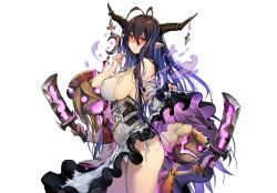  1girl antenna_hair babyg_wong bandaged_arm bandages bare_shoulders black_hair breasts cleavage clothes_lift cowboy_shot crescent danua doll draph dress dress_lift fingerless_gloves gloves granblue_fantasy gretel_(granblue_fantasy) hair_between_eyes hansel_(granblue_fantasy) horn_ornament horns jewelry large_breasts lifting_own_clothes long_dress long_hair necklace panties pointy_ears red_eyes side-tie_panties solo thighs underwear weapon white_background white_dress white_panties 