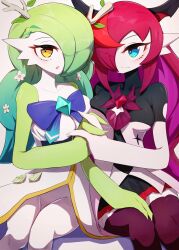 2girls :o absurdres alternate_color blush bodysuit branch breast_press breasts ceres_fauna chest_jewel creatures_(company) game_freak gardevoir gen_3_pokemon getto gradient_hair green_hair highres holding_hands hololive hololive_english horns ifphilo irys_(hololive) large_breasts leg_grab multicolored_hair multiple_girls nintendo one_eye_covered open_mouth pokemon red_hair ribbon see-through_bodysuit sitting virtual_youtuber 