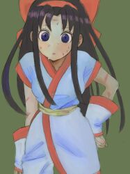 1girl black_hair blue_eyes breasts fingerless_gloves gloves hair_ribbon hand_on_own_hip highres injury legs long_hair looking_at_viewer nakoruru pants parted_lips ribbon samurai_spirits small_breasts snk solo sweat the_king_of_fighters thighs traditional_media