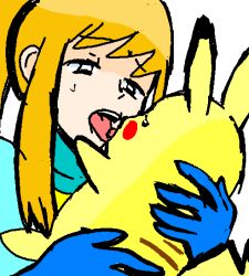 blonde_hair blush creatures_(company) game_freak gen_1_pokemon kiss metroid nintendo pikachu pokemon pokemon_(creature) samus_aran super_smash_bros. rating:Questionable score:28 user:Nigs